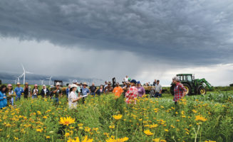 A summer 2019 demonstration for the Practical Farmers of Iowa was held at Paul and Karen Mugge’s organic row-crop farm. They showed how to install a beneficial prairie insect habitat. Photo by Practical Farmers of Iowa.
