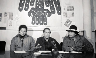 Left to right, Richard Oakes, Earl Livermore, and Al Miller, leaders of the American Indian Movement hold a press conference at Alcatraz Federal Penitentiary on December 24, 1969, during their takeover in 1969-70.