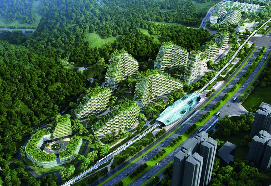 Futuristic green solarpunk city with lots of trees