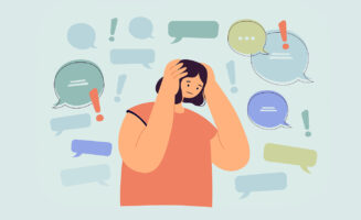 Illustration of woman surrounded by speech and information bubbles