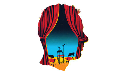 A photo illustration in the shape of a human head shows red theatre curtains, parted to show three folding chairs and two microphones on a stage.