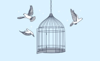 Illustration of birds flying out of a cage