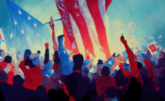 Digital painting of crowd of voters with American flags in the background