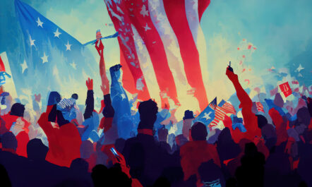 Digital painting of crowd of voters with American flags in the background