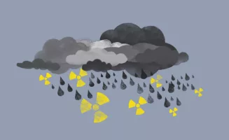 Illustration of Grey clouds raining drops of water and radioactive symbols