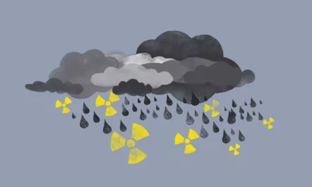 Illustration of Grey clouds raining drops of water and radioactive symbols
