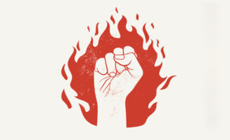Illustration of fist raised to the air covered in flames