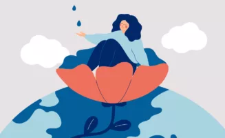 Illustration of woman on flower with earth in the background