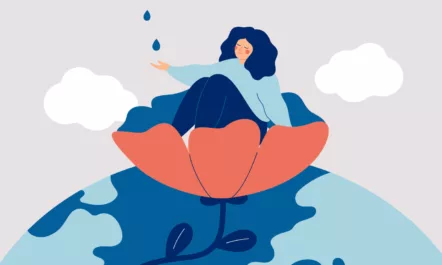 Illustration of woman on flower with earth in the background