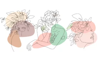 Continuous line illustration of faces with flowers blooming.