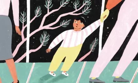 An illustration by Fran Murphy depicts a small child being led by the hand away from one adult and with another. In the background is an airplane, a crescent moon, tree branches, and a sign in Korean.