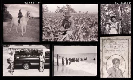 A collage of archival photos that depict Black people in nature and society throughout the early 1900s.