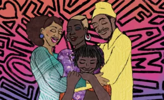A colorful illustration depicts three Black adults of various gender presentations, each with their eyes closed, smiling, and all wrapping their arms around a Black child, who is also smiling.