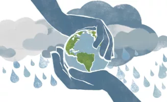 An illustration shows a pair of human hands cradling the earth, with clouds and raindrops in the background.