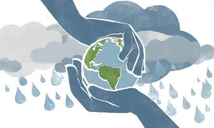 An illustration shows a pair of human hands cradling the earth, with clouds and raindrops in the background.