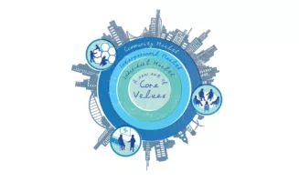 An illustrated representation of "a new set of core values" to create how an infrastructure of care appears as a circle with concentric rings: the outer circle is community health, the next inside circle is interpersonal health, followed by individual health. Illustration by Joe Magee for YES! Media.