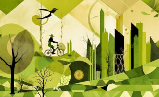 Illustration of a person biking through a lush green landscape