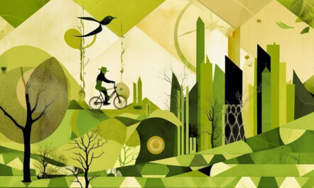 Illustration of a person biking through a lush green landscape