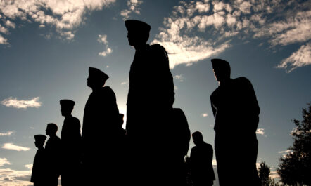Silhouettes of soldiers with the skyline in the background