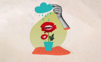 Photo montage of laughing flowers being watered