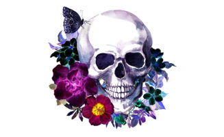 Watercolor painting of a skull with flowers growing around it