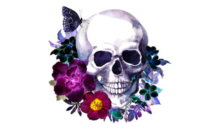 Watercolor painting of a skull with flowers growing around it