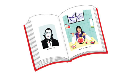 Fran Murphy's illustration of a book with a vampire on the left page, and 'House of Aunts' on the right page