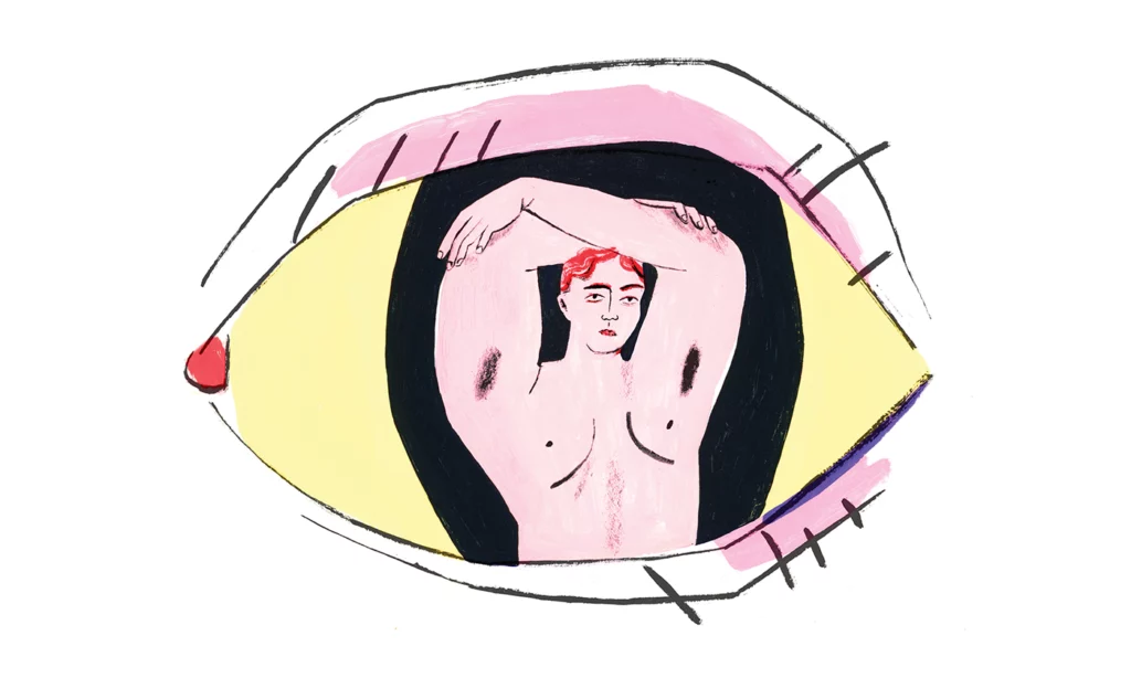An illustration by Fran Murphy depicts a human eye, with a muscular, shirtless man in the iris.