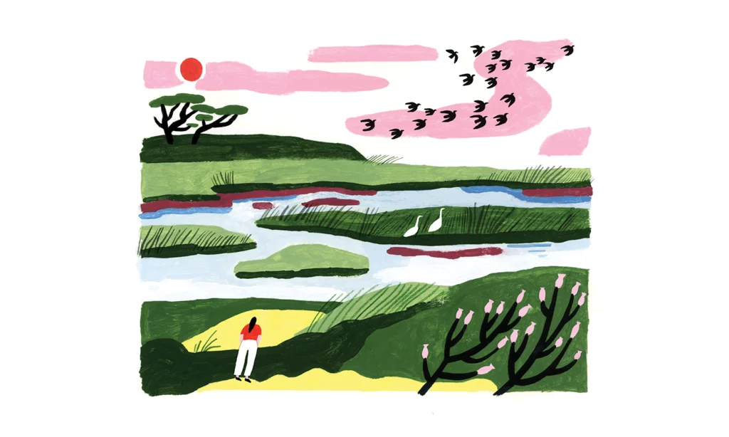 An illustration by Fran Murphy depicts a woman standing on a patch of sand, overlooking a scenic landscape of grass, flowering trees, a river, and birds.