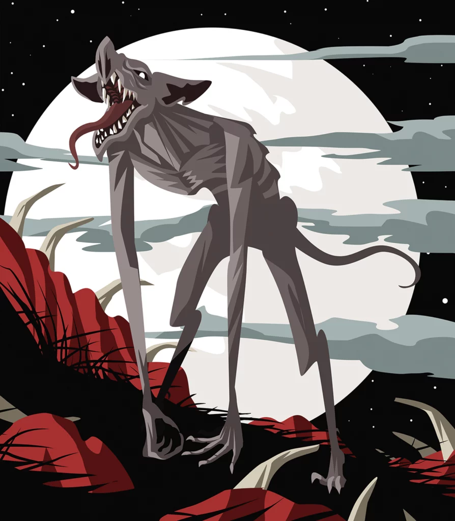 A digital illustration depicts the chupacabra, a vampiric animal from Latin American folklore.