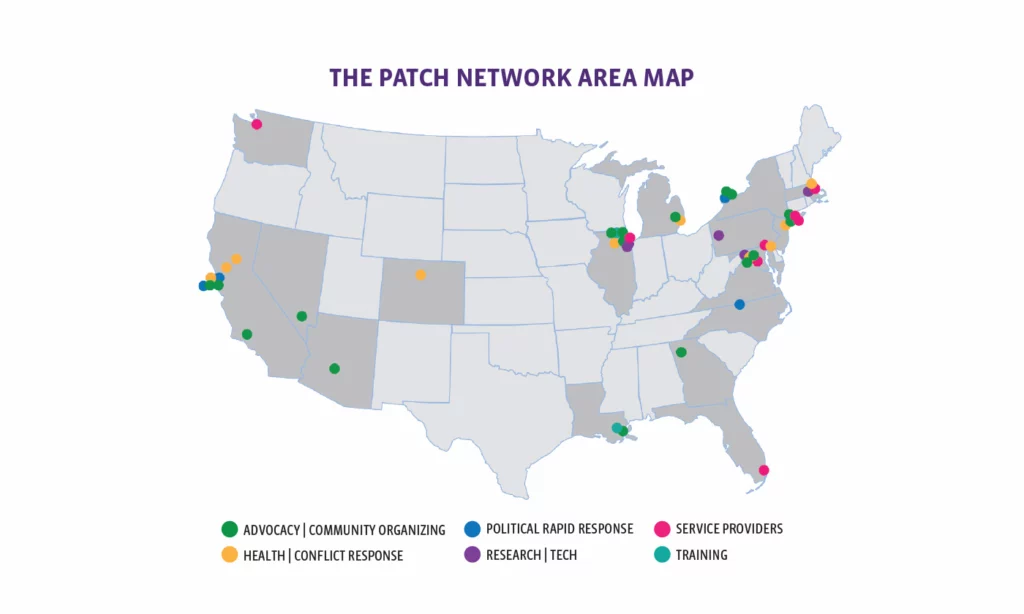 A map of the United States shows locations where the Patch network provides services, including "advocacy/community organizing," "health/conflict response," "political rapid response," "research/tech," "service providers," and "training."