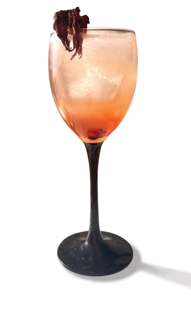 A black-stemmed wine glass is filled with an ice cube and a peach-colored liquid that appears lightly carbonated, and dried hibiscus leaf folded over the rim.