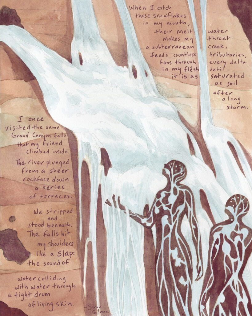 Illustrated waterfalls cascade over red-brown earth, falling onto two human figures outlined in rich brown tones, with water carving botanic patterns through them. Handwritten text reads: When I catch those snowflakes in my mouth, their meltwater makes my throat a subterranean creek, feeds countless tributaries, fans through every delta in my flesh until it is as saturated as soil after a lasting storm. 

I once visited the same Grand Canyon falls that my friend climbed inside. The river plunged from a sheer rock face down a series of terraces. Ferns and flowers and moss and trees crowded its banks. We stripped and stood beneath. The falls hit my shoulders like a slap: the sound of water colliding with water, through a tight drum of living skin. 