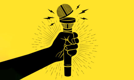 Illustration of hand holding a microphone