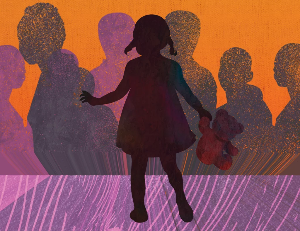 This illustration depicts a young child in the foreground, wearing a dress and holding a teddy bear in one hand, while textured outlines of adults are visible in the distance.