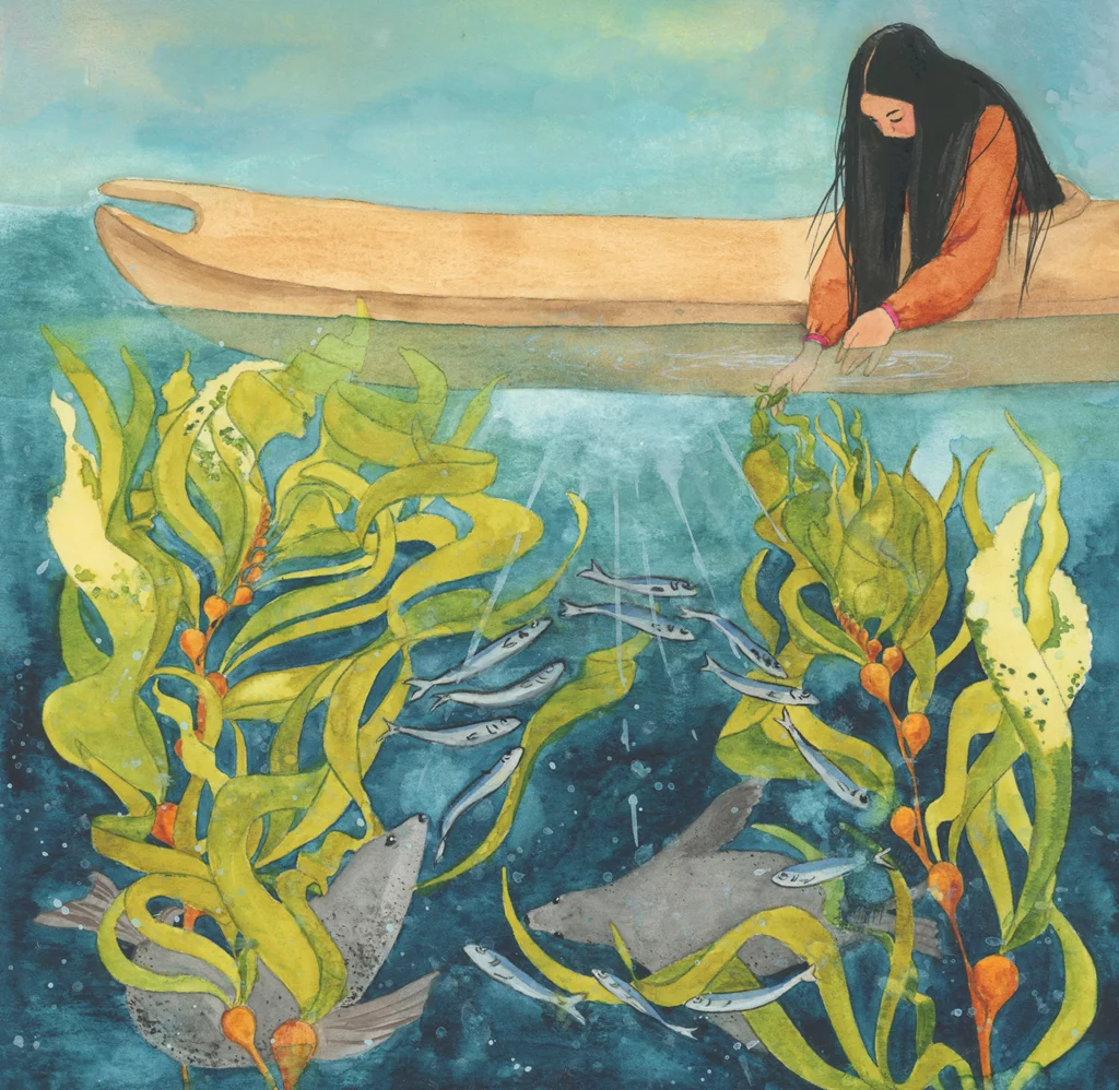 An illustration shows a woman in a canoe floating above a lush kelp forest, with fish and seals swimming freely.