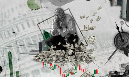 This photo illustration shows a man crouching, hands clasped and pressed to his pensive face, above a pile of $100 bills and red and green bar graphs.