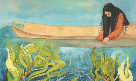 An illustration shows a woman in a canoe floating above a lush kelp forest, with fish and seals swimming freely.