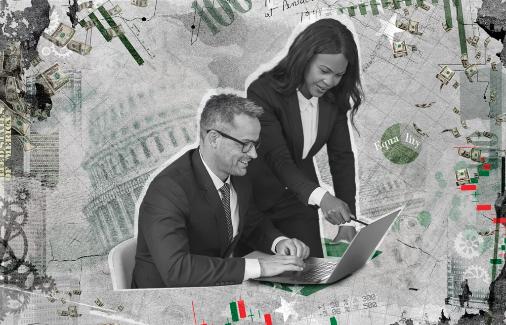 A man is seated at a laptop as a woman leans over him and points at the screen. The background is an abstract photo illustration featuring dollar bills, mechanical gears, stock market symbols, and bar graphs.