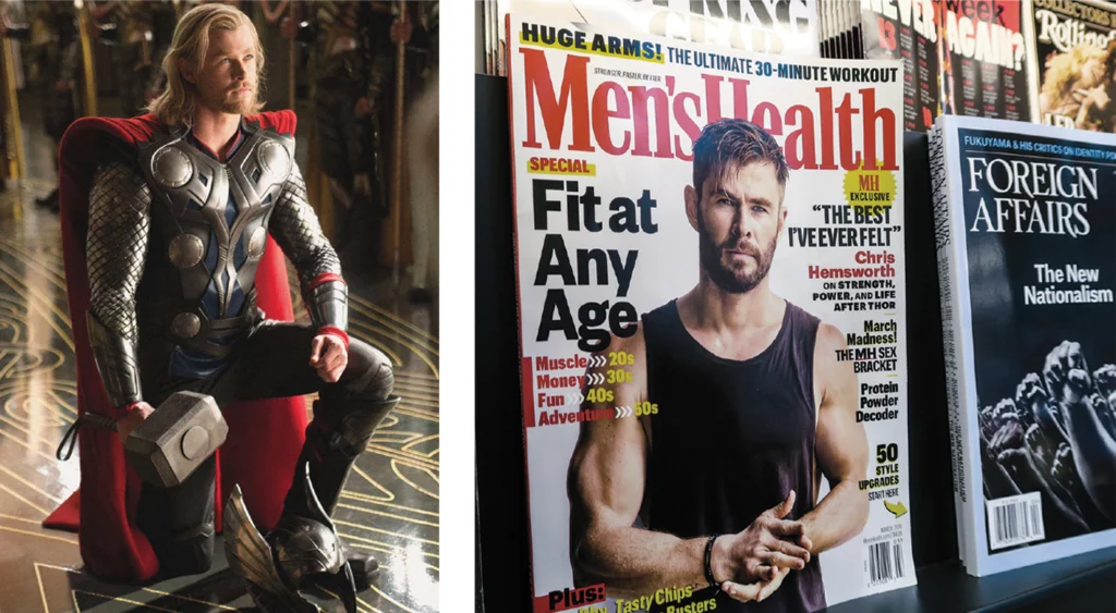 Side-by-side images show Chris Hemsworth in costume as Thor, and on the cover of Men's Health magazine, with a coverline reading "The Best I've Ever Felt: Chris Hemsworth on strength, power, and life after Thor."