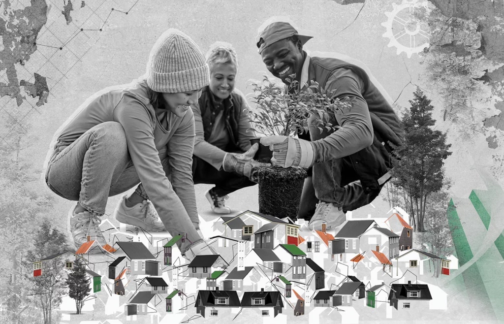 This photo illustration shows three people planting a sapling or bush into the ground, which is covered by digitized illustrations of houses.