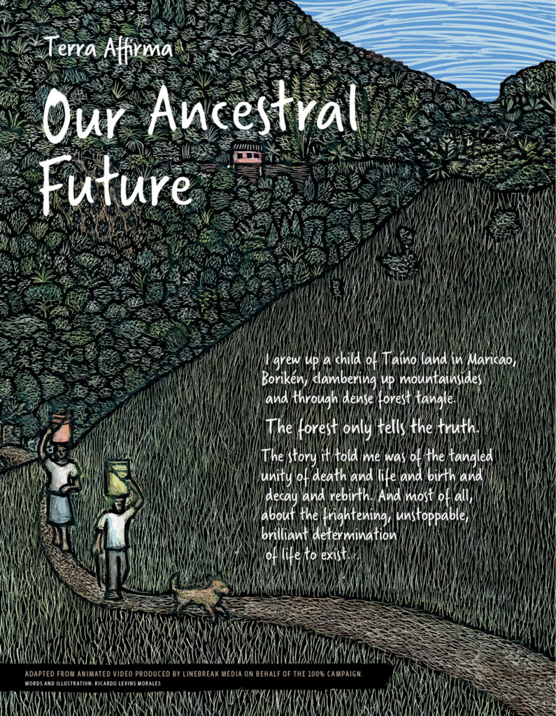 An illustrated grassy hillside includes the heading: Terra Affirma: Our Ancestral Future. Text on the image reads: I grew up a child of Taíno land in Maricao, Borikén, clambering up mountainsides and through dense forest tangle. The forest only tells the truth. The story it told me was of the tangled unity of death and life and birth and decay and rebirth. And most of all, about the frightening, unstoppable, brilliant determination of life to exist.
Words and illustration by Ricardo Levins Morales, this illustration is adabled from an animatd video produced by Linebreak Media on behalf of the 100% Campaign.