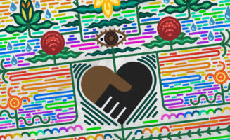a colorful illustration that features a black and brown hand forming a central heart as colorful, garden-like images surround it
