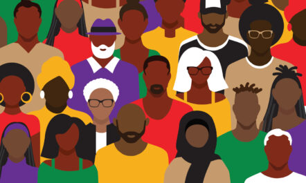 an illustration of a crowd of unique black and brown faces in colorful yellow, red, puple, and black clothing
