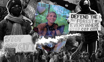 A photo collage by Michael Luong with photographs from the Stop Cop City protest in Atlanta. A color photo of Manuel Paez Terán, who was killed by police, is flanked by two black and white photos of other activists with their faces covered. One holds a sign that says “Stop Cop City.” The other holds a sign that says “Defend the forest everywhere. Stop Cop City.”