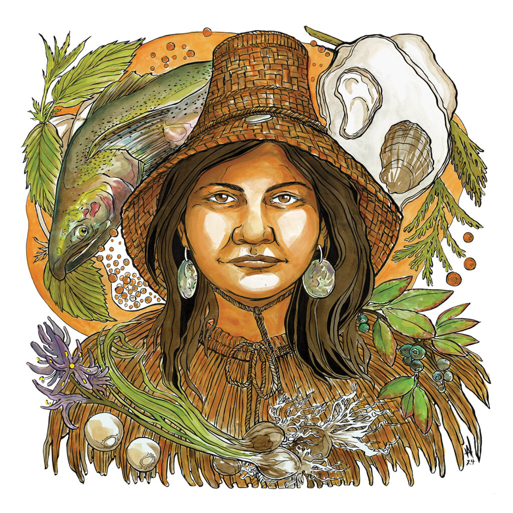 An illustration of Weshoyot Alvitre that features a portraits of a Pacific Northwest Native woman with round earrings, a woven hat, and a traditional top. Surrounding this portrait are the bounties of nature: salmon, oysters, berries, bulbs of garlic, flowers, leaves, and herbs.