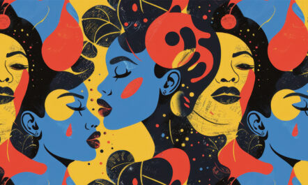 A graphic illustration of bright red, yellow, black, and ochre yellow of round blobs and women's faces.