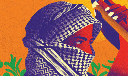 A graphic poster by artist-activist Kael Abello. Against an orange background, a woman's face, wrapped in a purple-covered keffiyah, looks steadfastly on.