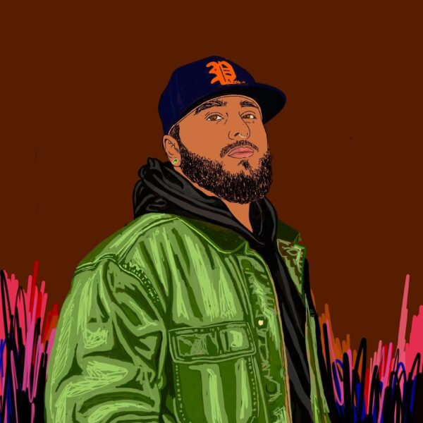 an illustration of a Latino man wearing a hat and a jacket