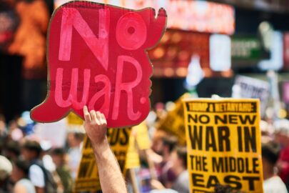 People take part in an anti-war protest in Times Square in New York City on June 22, 2025.